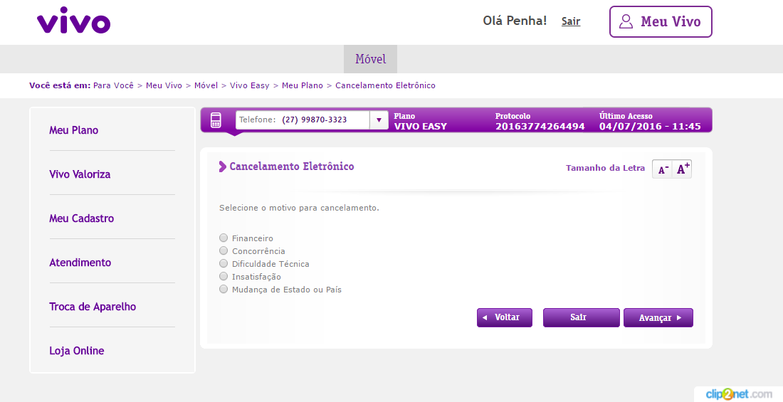 Como cancelar plano da Vivo